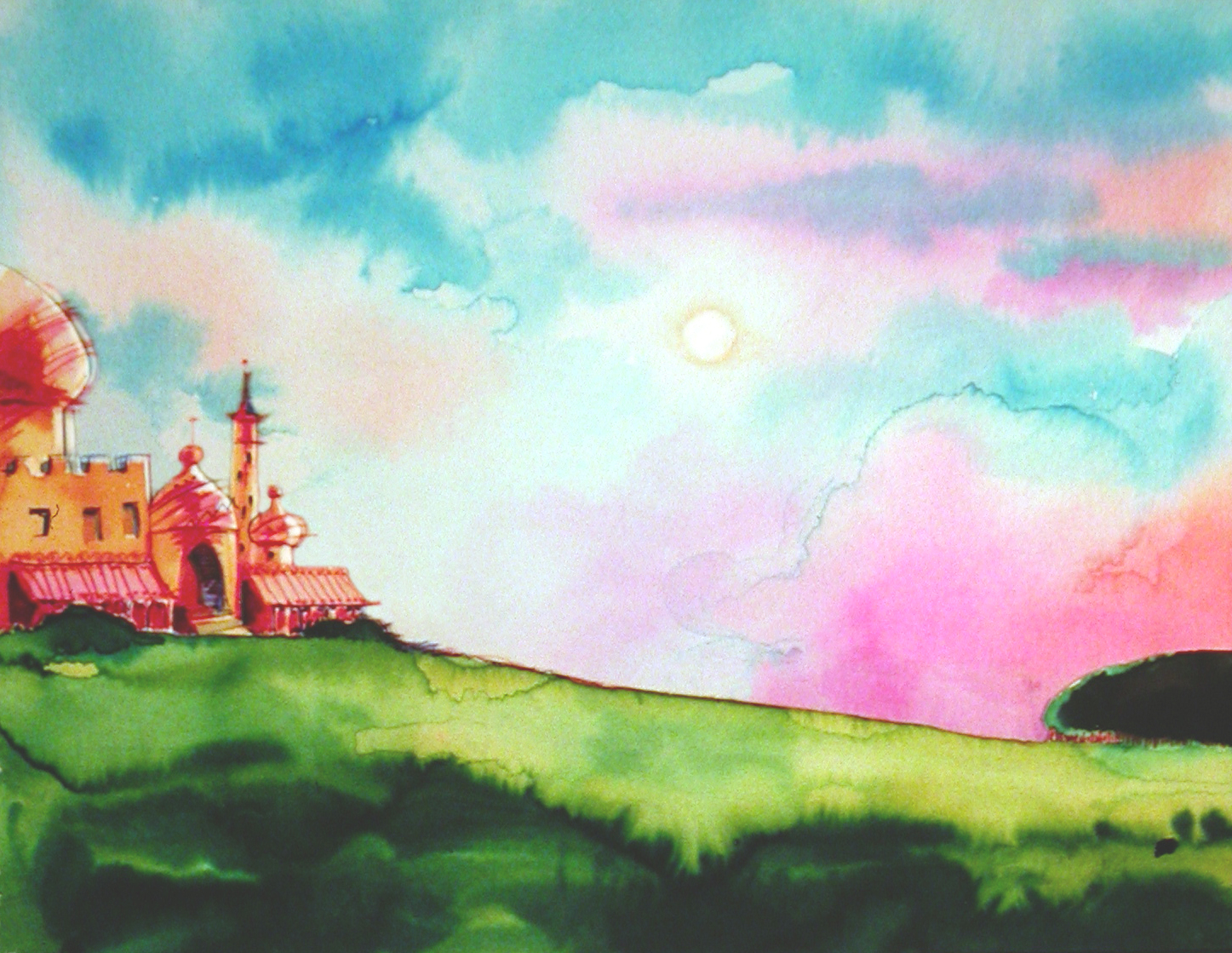 Still from The Frog King, a castle on a green hill beneath a blue and pink sky