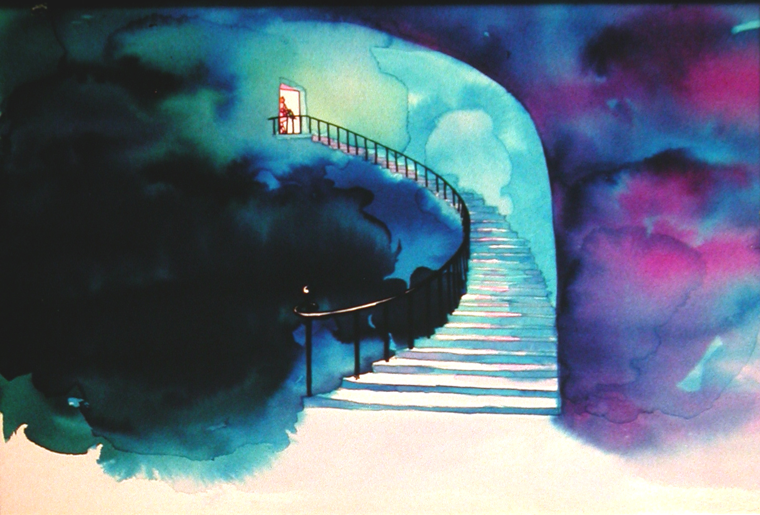 Still from The Frog King, a curved staircase sweeping towards a brightly lit doorway in a dark blue interior