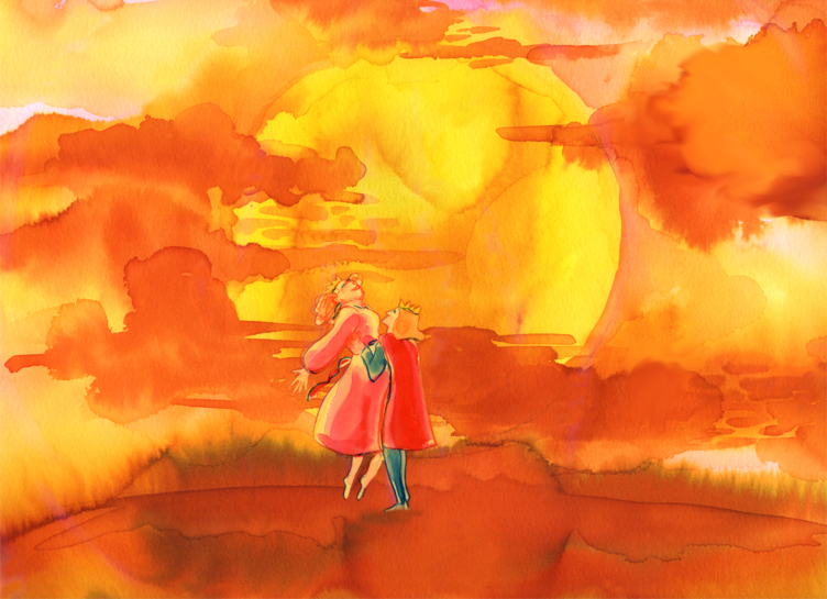 Still from The Frog King, two figures embrace before a large golden-orange sun