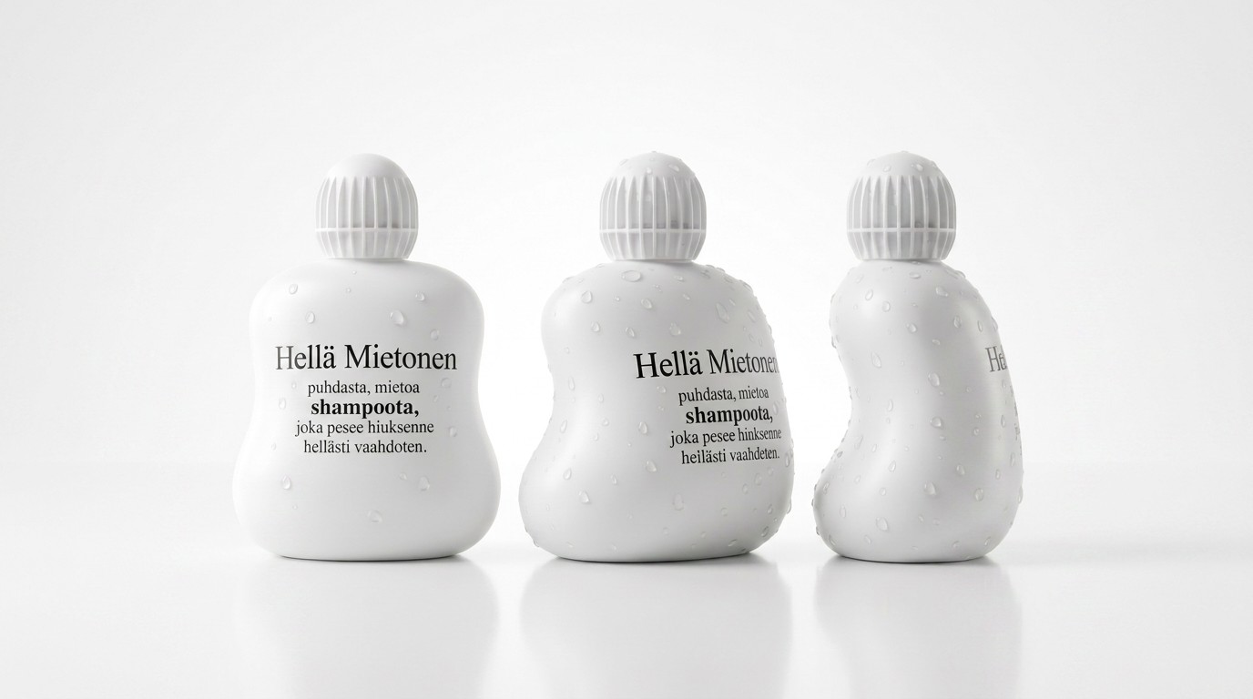 Kolme valkoista Hellä Mietonen -shampoopulloa rivissä, pinnoillaan vesipisaroita, jokaisessa uurrettu pallomainen korkki