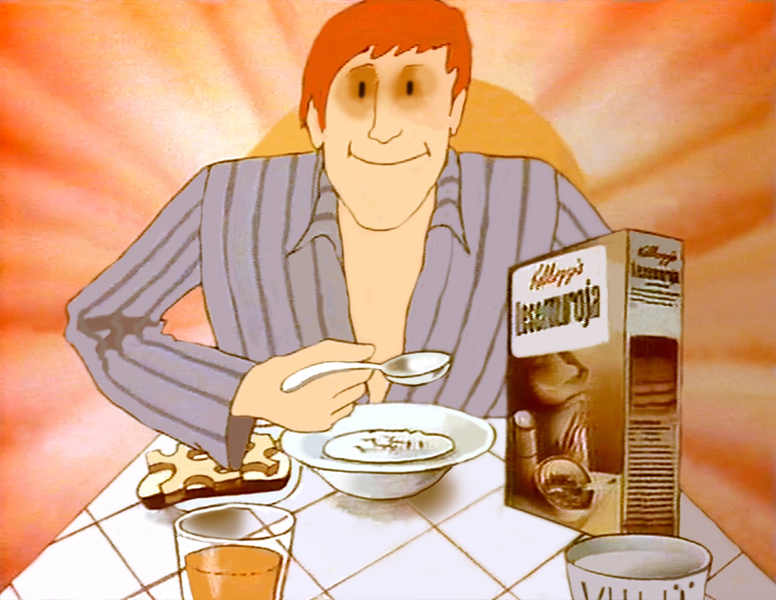 Kellogg still, the man in striped pyjamas smiles over his breakfast of bran flakes, juice and toast, the Lesemuroja pack beside him, a sunburst behind