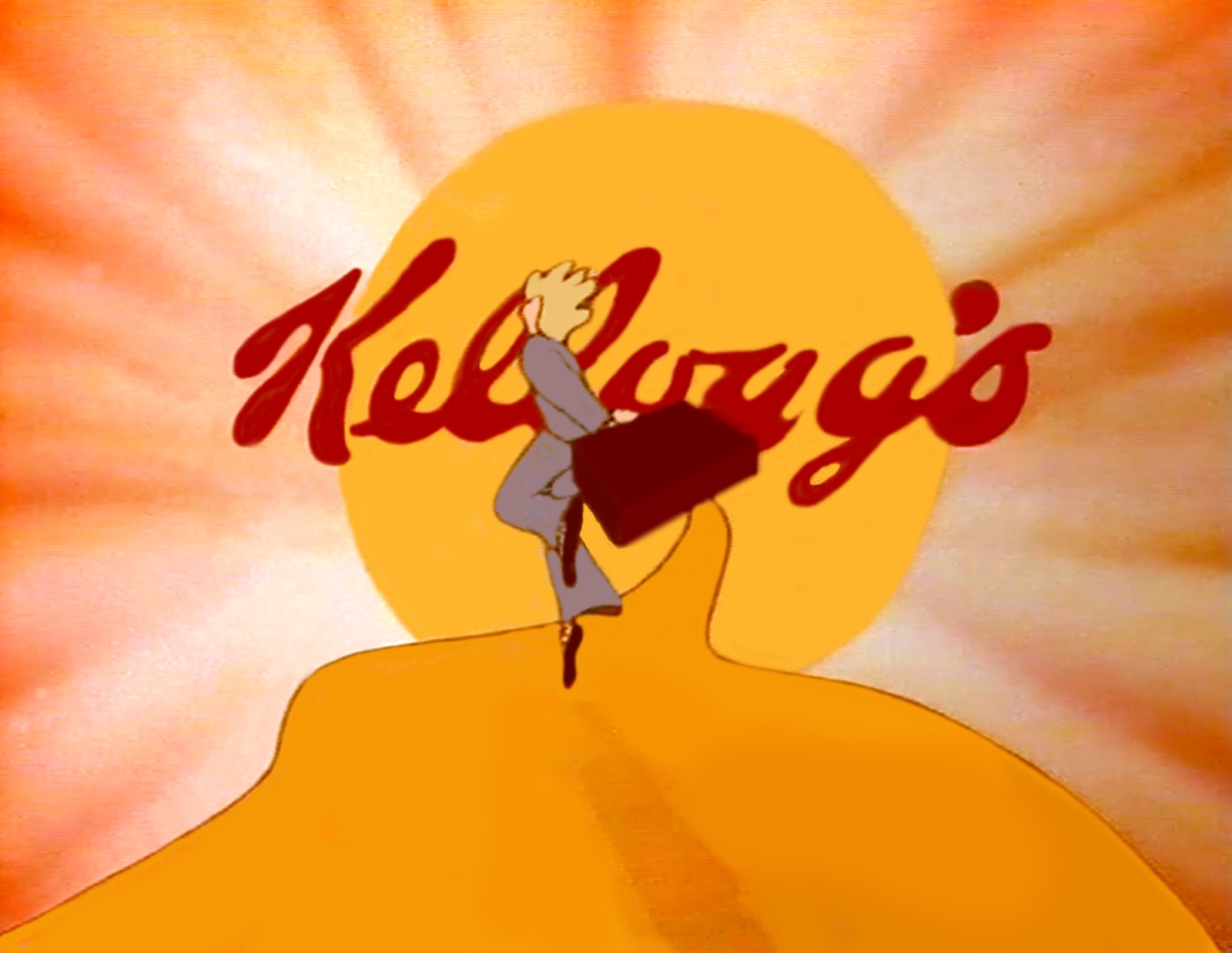 Kuva Kellogg-mainoksesta, mies harppoo salkkuineen oranssin mäen yli, takana punainen Kellogg's-logo nousevan auringon päällä