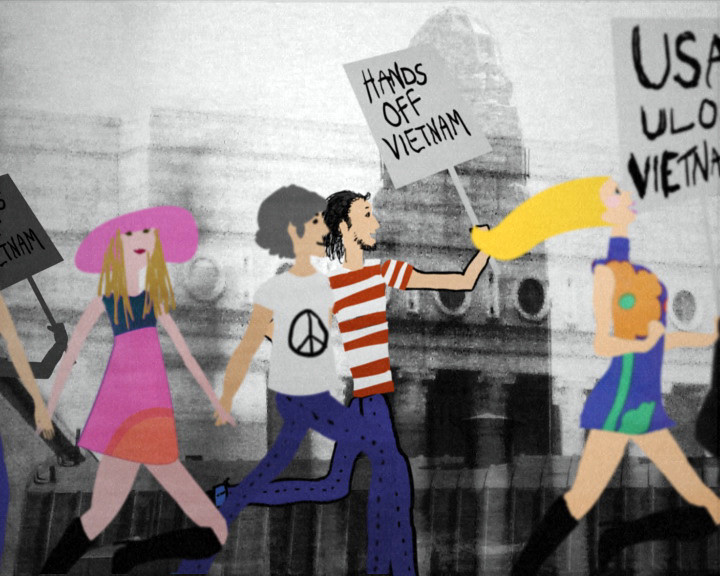 Still from Learned by Heart, anti-Vietnam protest