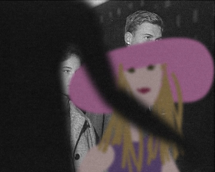 Still from Learned by Heart, a drawn blonde woman in a pink hat laid over a grainy photograph of two young men
