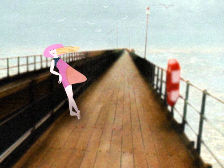 Still from Learned by Heart, a drawn woman in a pink hat leaning on the railing of a long photographed pier