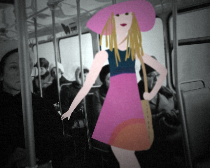 Still from Learned by Heart, a drawn woman in a pink hat and dress standing in a bus aisle among seated passengers