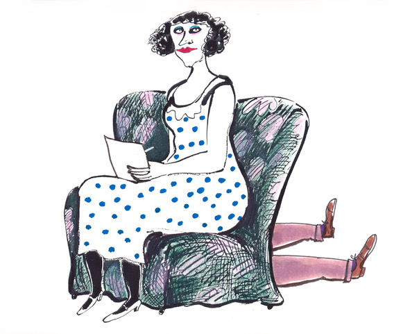 Still from I'm not a Feminist, but… A woman in a blue polka-dot dress reading a letter in an armchair, a man's legs on the floor beside her