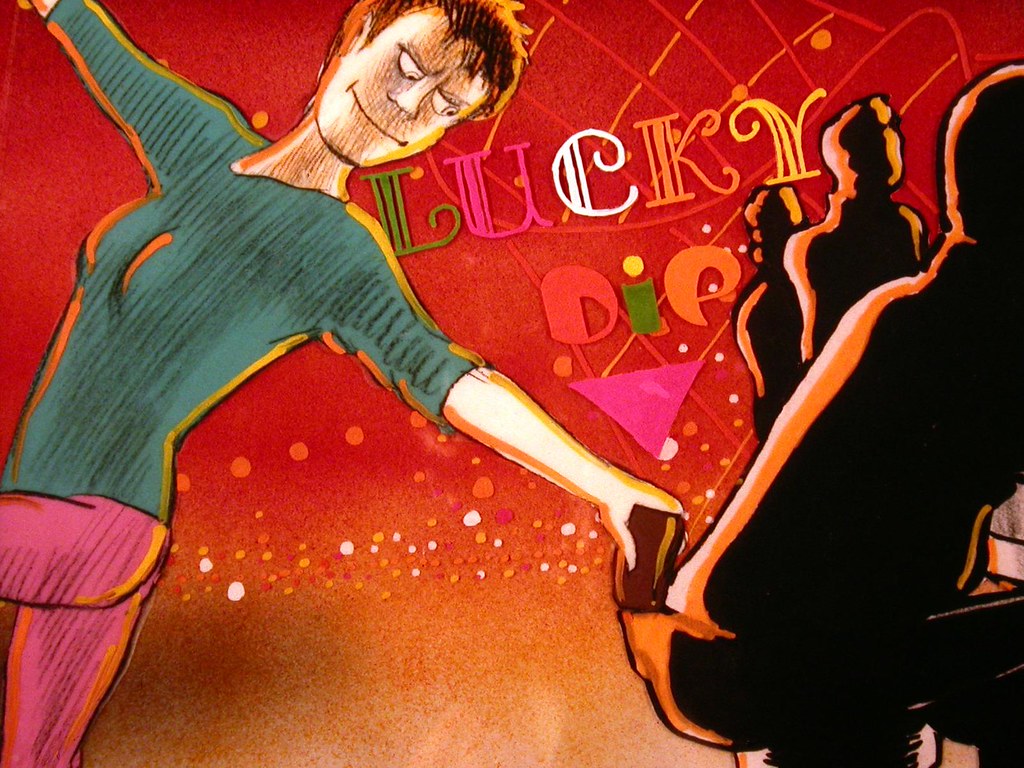 Still from Some Protection, a grinning figure in green and pink leaping across a red ground lettered LUCKY DIP, black silhouettes at the right