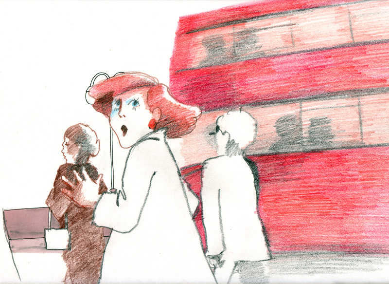 Still from The Bridge, a red-haired woman with an umbrella walking past a red double-decker bus, her mouth open, two figures nearby
