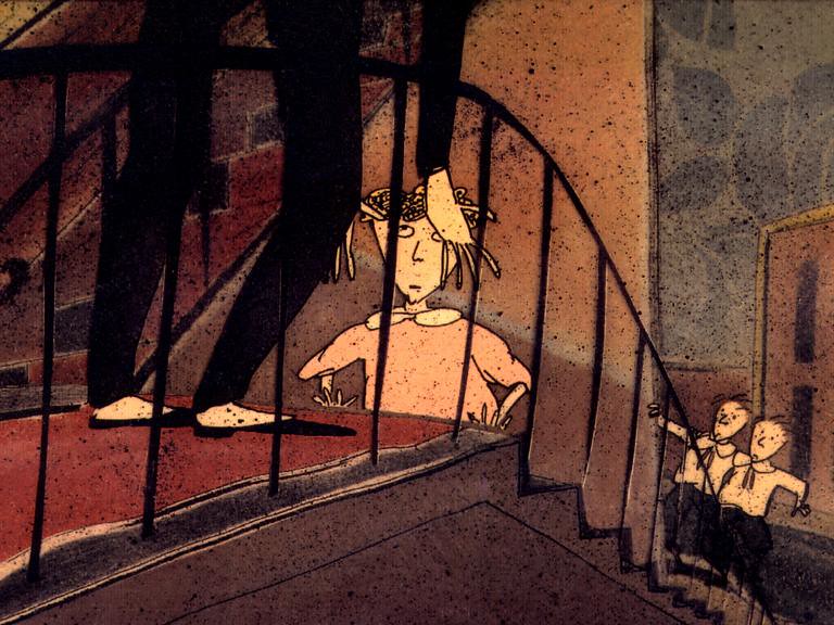 Still from The Stain, a drawn child peering through stair banisters, an adult in dark trousers above and two boys below