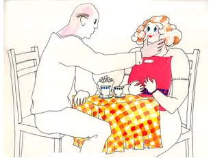 Drawing for Suolaa, suolaa: a bald man reaches across a checked tablecloth to the woman, coffee cups between them.