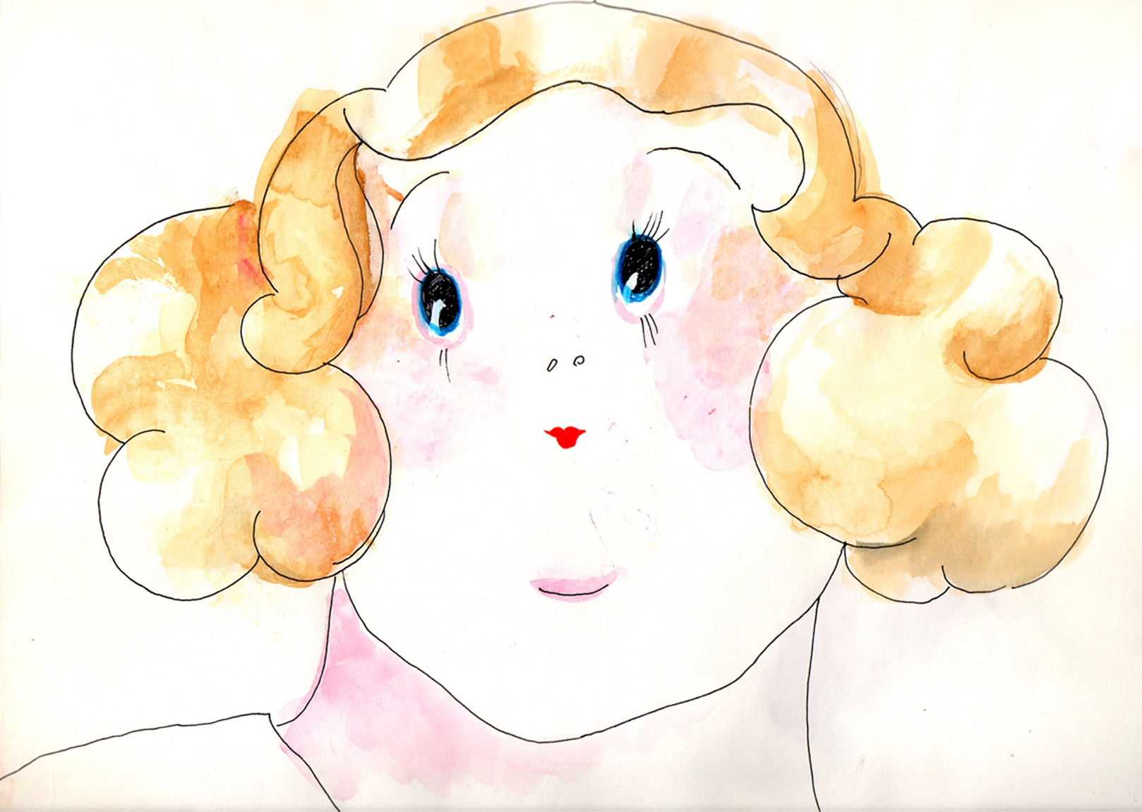 Drawing for Suolaa, suolaa: a round-faced woman with blonde curls, blue eyes and red lips, in watercolour.