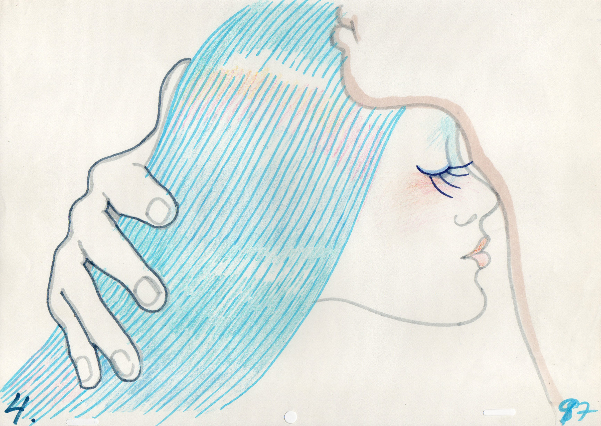 Animation drawing for the Vita Plus käpyhiukset commercial, a profile with the eye closed and long lashes, the hair a broad sweep of cyan pencil hatching shot through with pink and yellow, an open hand laid into it