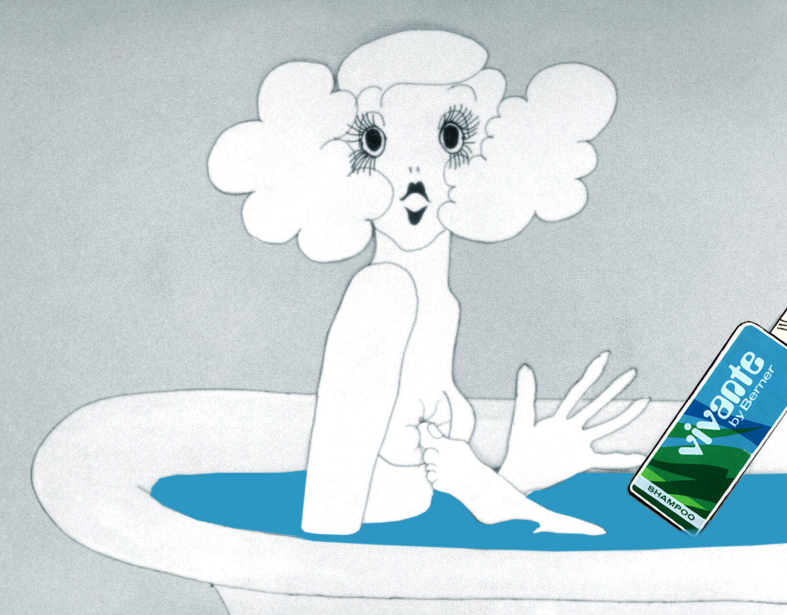 Vivante still, a drawn woman with a cloud of white curls sits in a claw-foot bath of blue water, a Vivante by Berner shampoo bottle tipping in at the right