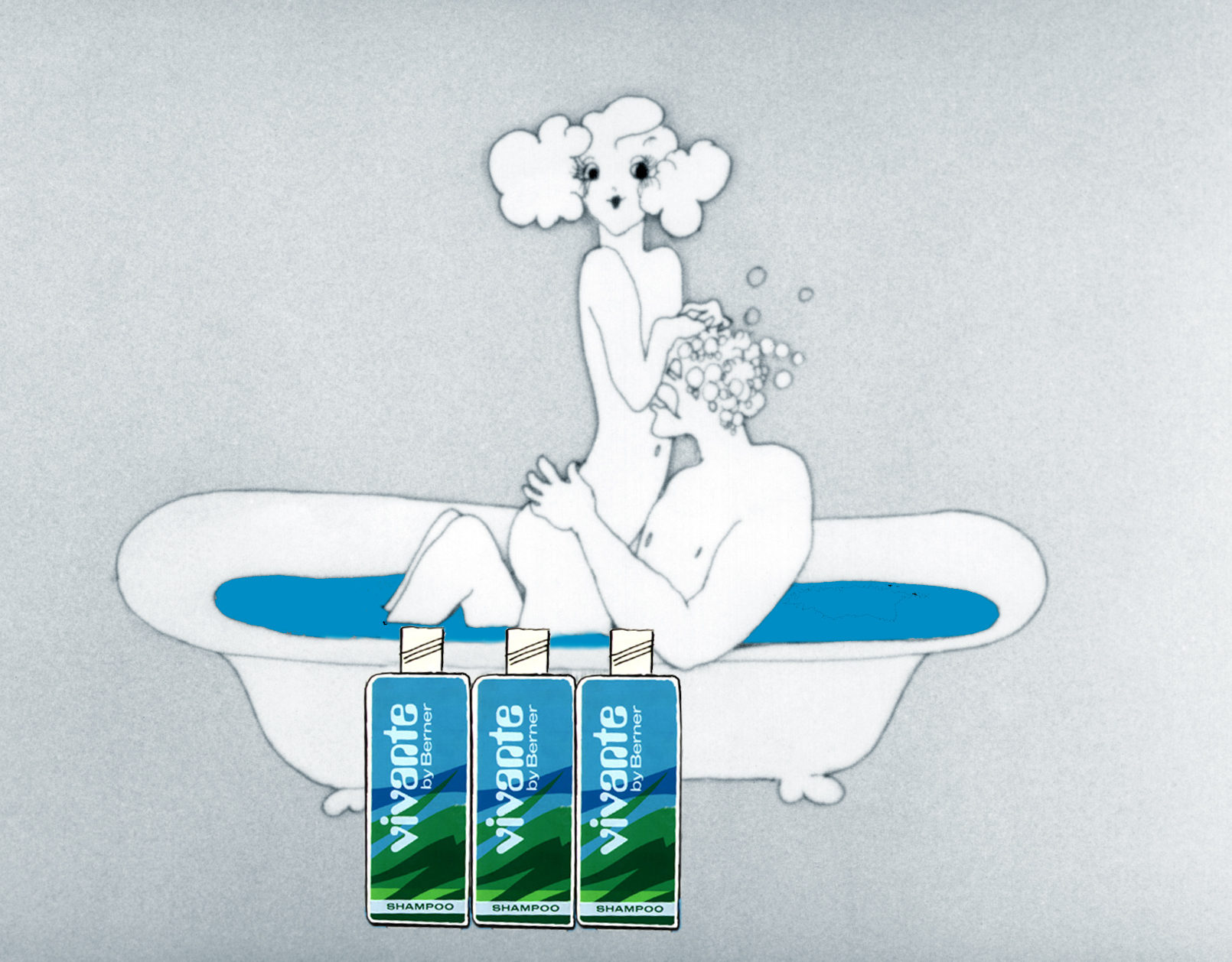 Vivante still, a drawn woman lathers a man’s hair as they share a claw-foot bath, three Vivante by Berner shampoo bottles standing across the front