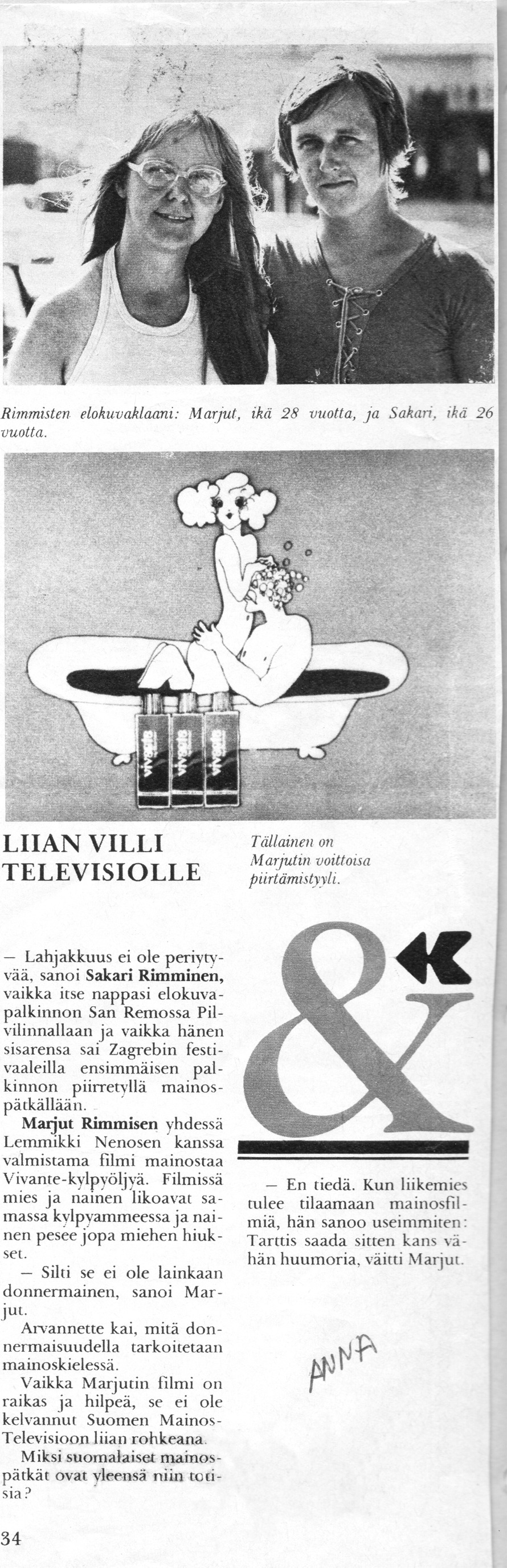 Sivu Anna-lehdestä vuodelta 1972, otsikkona Liian villi televisiolle: valokuva Marjut ja Sakari Rimmisestä, Vivante-kuva ammeesta ja artikkeli.